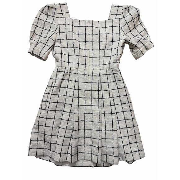 Gal Meets Glam OP Windowpane Check Puff Sleeve Mini Dress White Blue Cotton - Picture 3 of 8